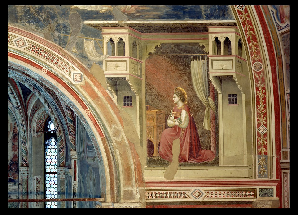 Bebudelsen, detalje af Jomfruen knælende, fra lunetten over alteret, ca. 1305 (fresko) af Giotto (c.1266 1337)