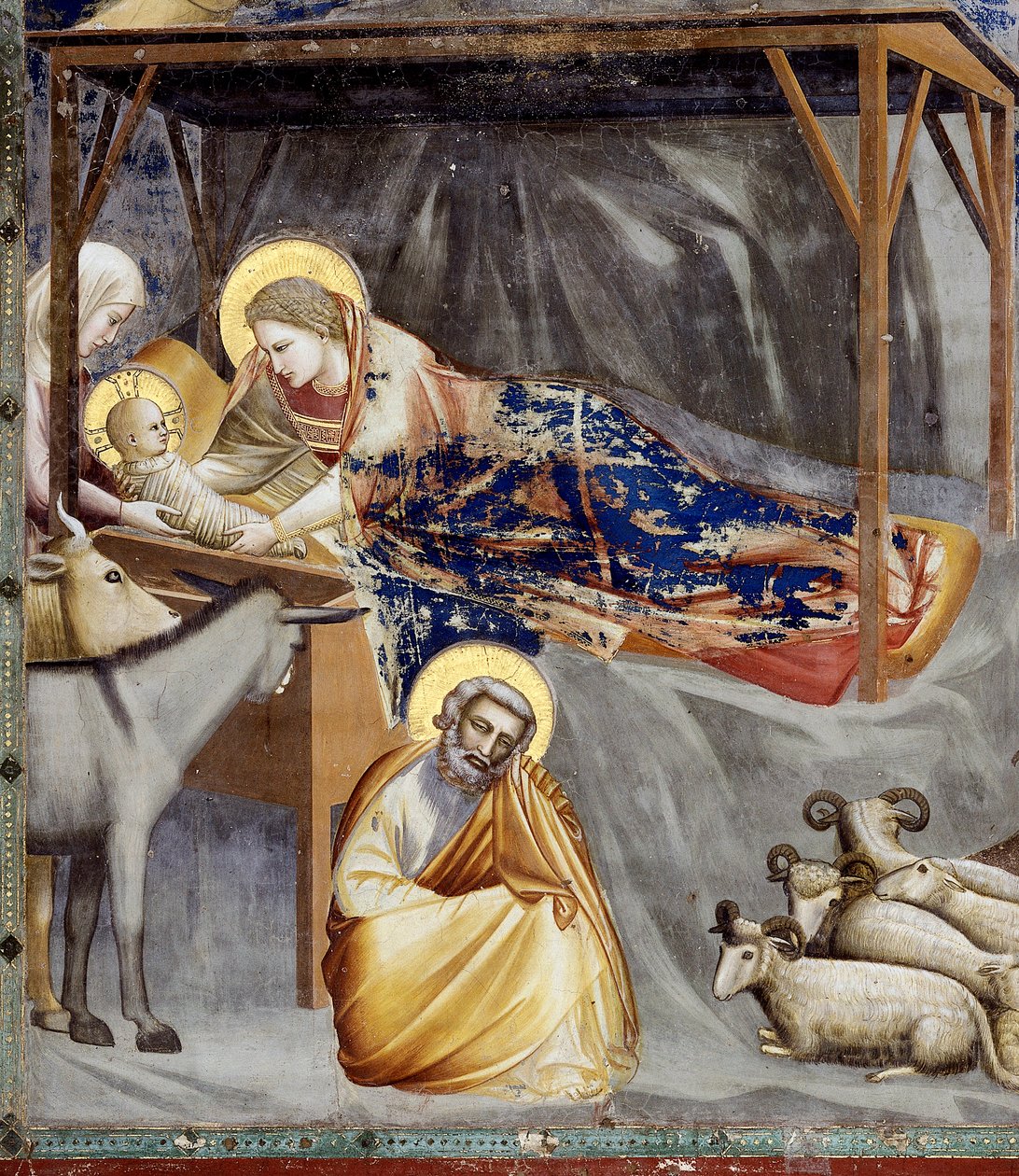 Fødselen, detalje af Jomfru og Barn, æslet og Josef, detalje af Giotto (c.1266 1337)