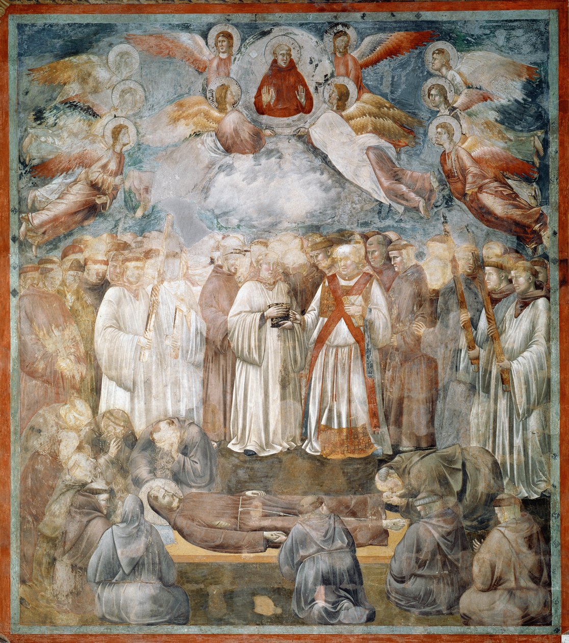 Begravelsen af den hellige Frans af Assisi og verifikationen af stigmas - Fresco af Giotto (c.1266 1337)