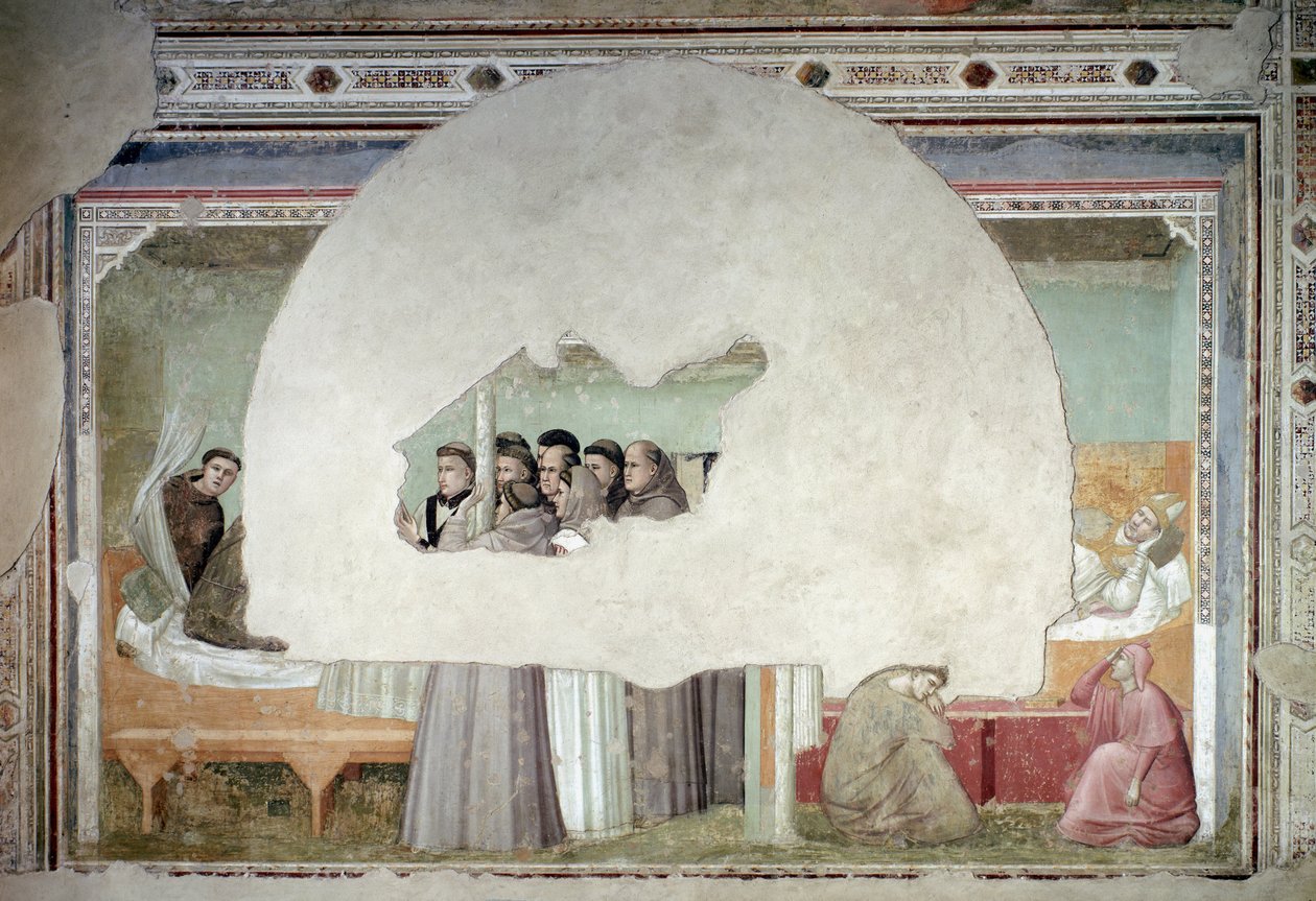 Syner om den hellige Frans af Assisis himmelfart: broren Augustin rejser sig fra sin seng, mens biskoppen stadig ligger i det nære rum, hjulpet af to tjenere ved foden af sengen-freskoen, ca. 1325 af Giotto (c.1266 1337)