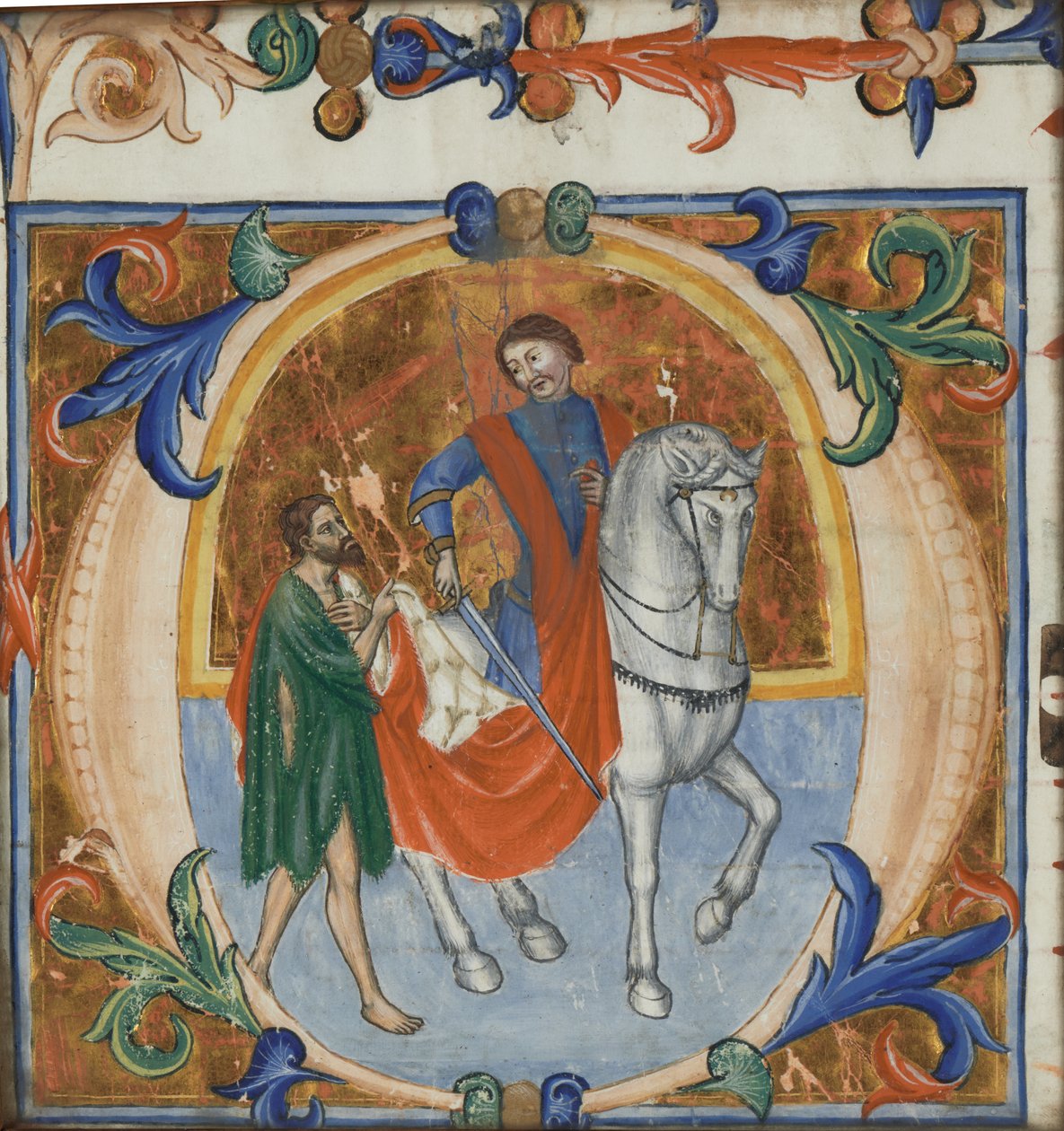 En oplyst miniature af St. Martin, der deler sin kappe (fra en storslået korbog) af Giotto di Bondone (school of)
