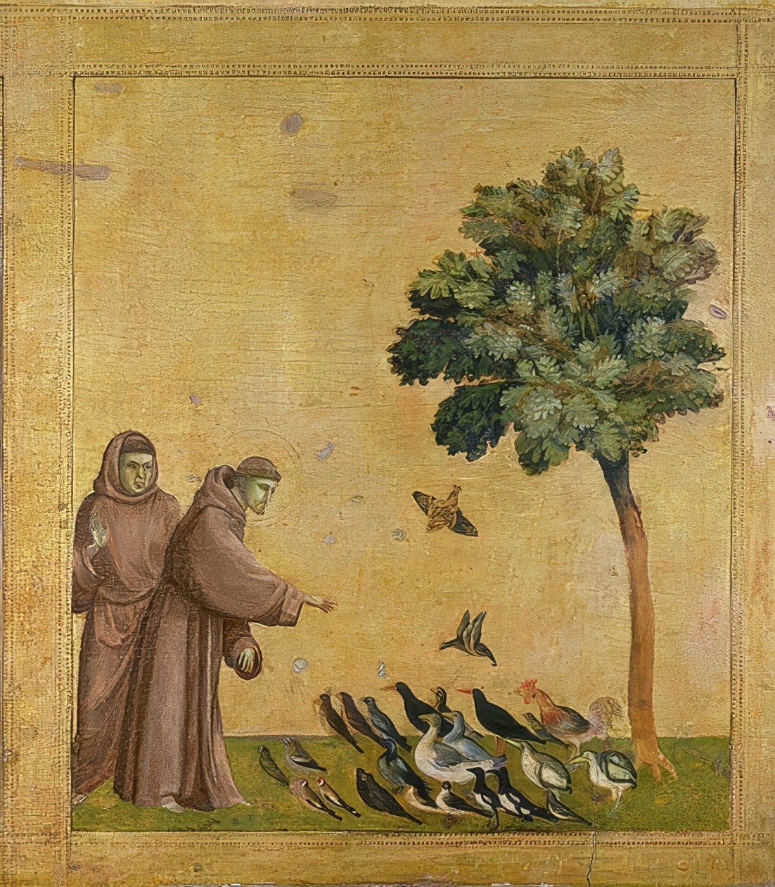 Sankt Frans prædiker for fuglene. Omkring 1295-1300 (Predella, se også billede nummer 19398) af Giotto di Bondone