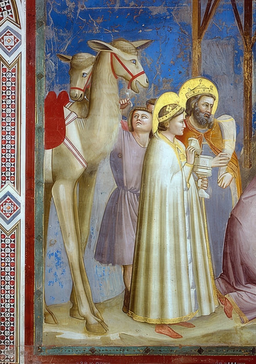 Tilbedelse af Magi. Detalje: to kameler og kongerne med deres gaver. 1305 af Giotto di Bondone