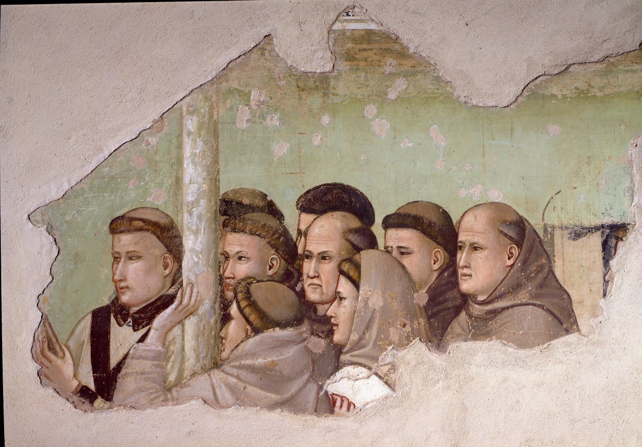 Episode af Saint Francois af Assisis liv: "" Saint Francois viser sig for Fra Agostino og til en eveque"" Detalje, der repræsenterer en gruppe franciskanermunke. Fresco af Giotto da Bondone af Giotto di Bondone
