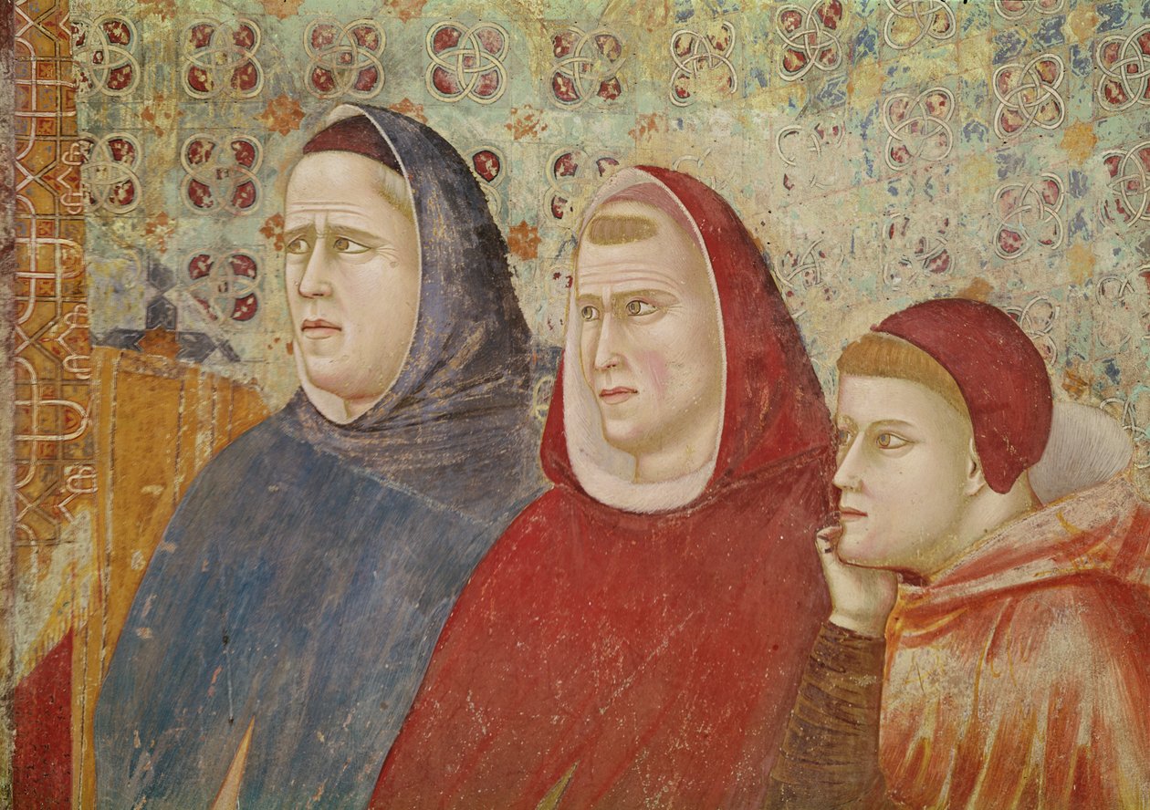 Sankt Frans prædiker en prædiken for pave Honorius III, detalje af tre prælater på højre side, ca. 1297-99 af Giotto di Bondone