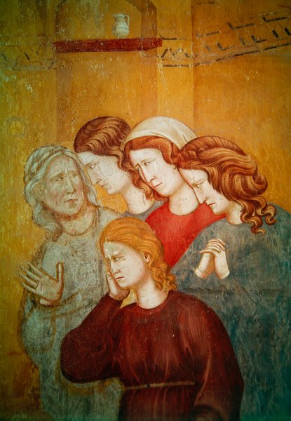 Saint Francis genopliver den uforsonede kvinde for at lette hendes bekendelse, detalje fra gruppen af kvinder til højre, ca. 1297-99 af Giotto di Bondone