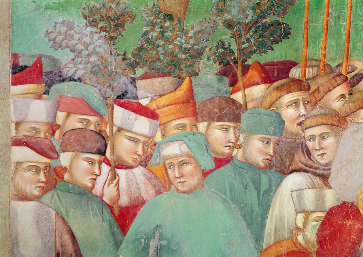 Skt. Clare omfavner liget af St. Francis, detalje af skare på højre side, 1297-99 (fresco) (detalje af 63354) af Giotto di Bondone