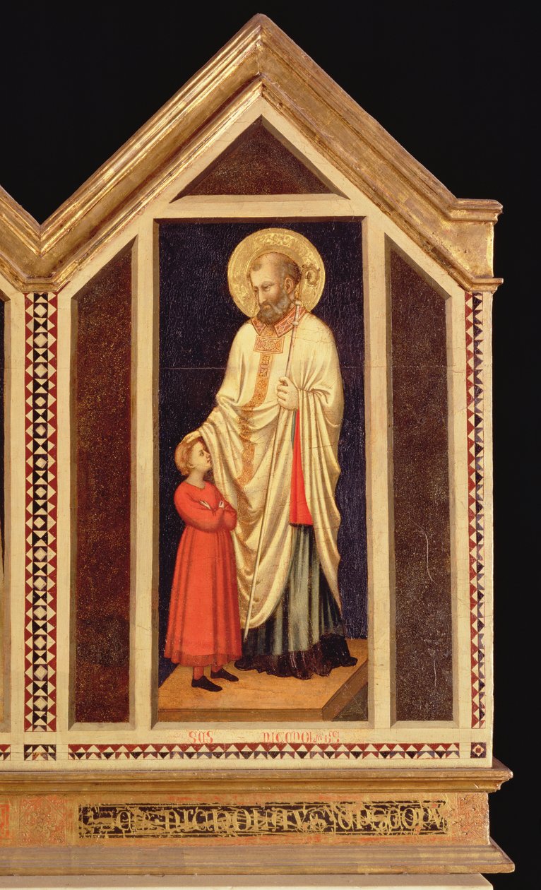 St. Nicholas, fra St. Reparata Polyptykon yderst til højre panel bagside detalje af 66558, se også 66564-66567 af Giotto di Bondone