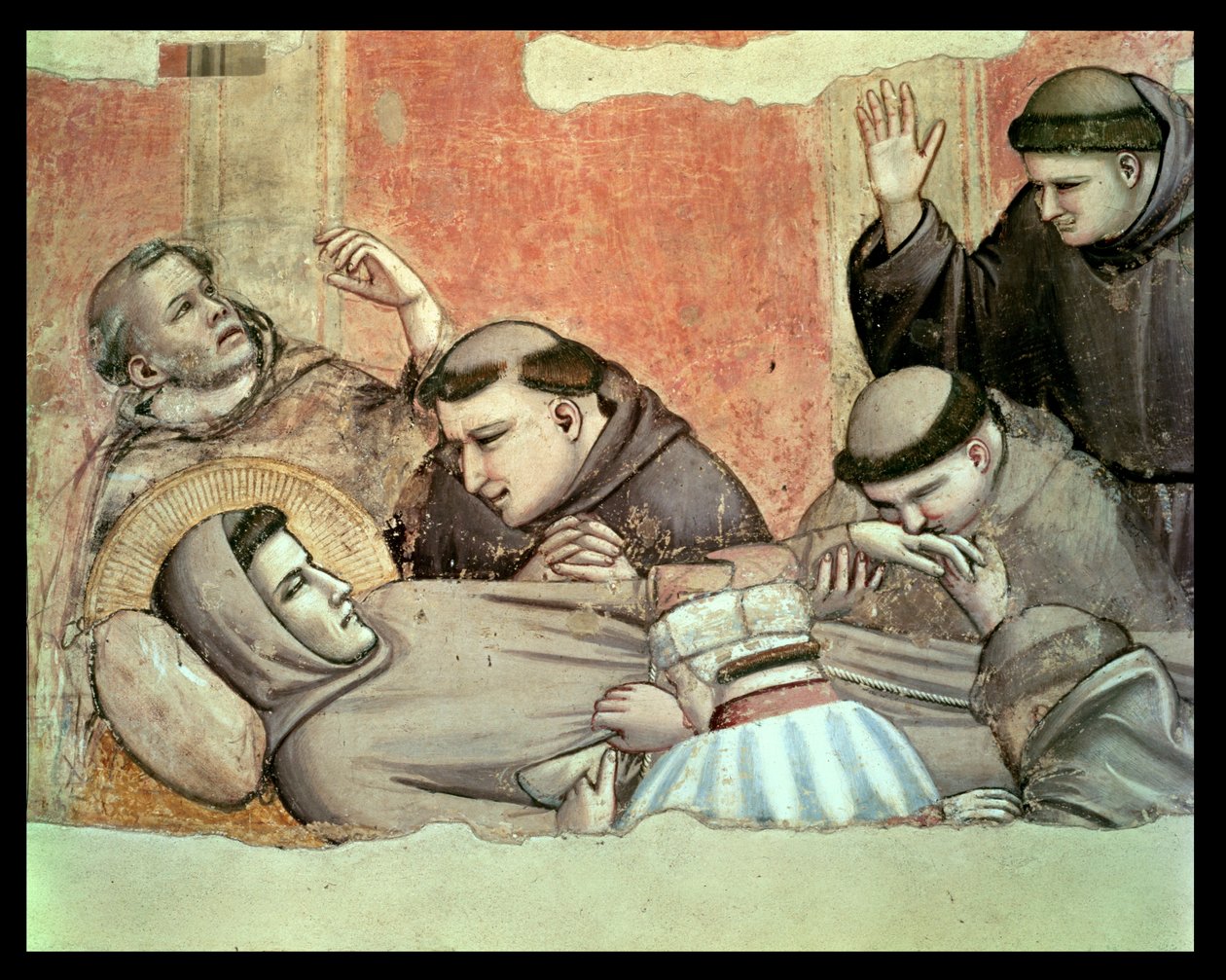 The Death of St. Francis, detalje af St. Francis og munkene, fra Bardi-kapellets freskodetalje af 63329 af Giotto di Bondone