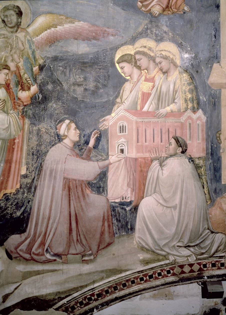The Last Judgement, detalje af protektor Enrico Scrovegni, der præsenterer en model af kirken, ca. 1305 fresko-detalje af 65227 af Giotto di Bondone