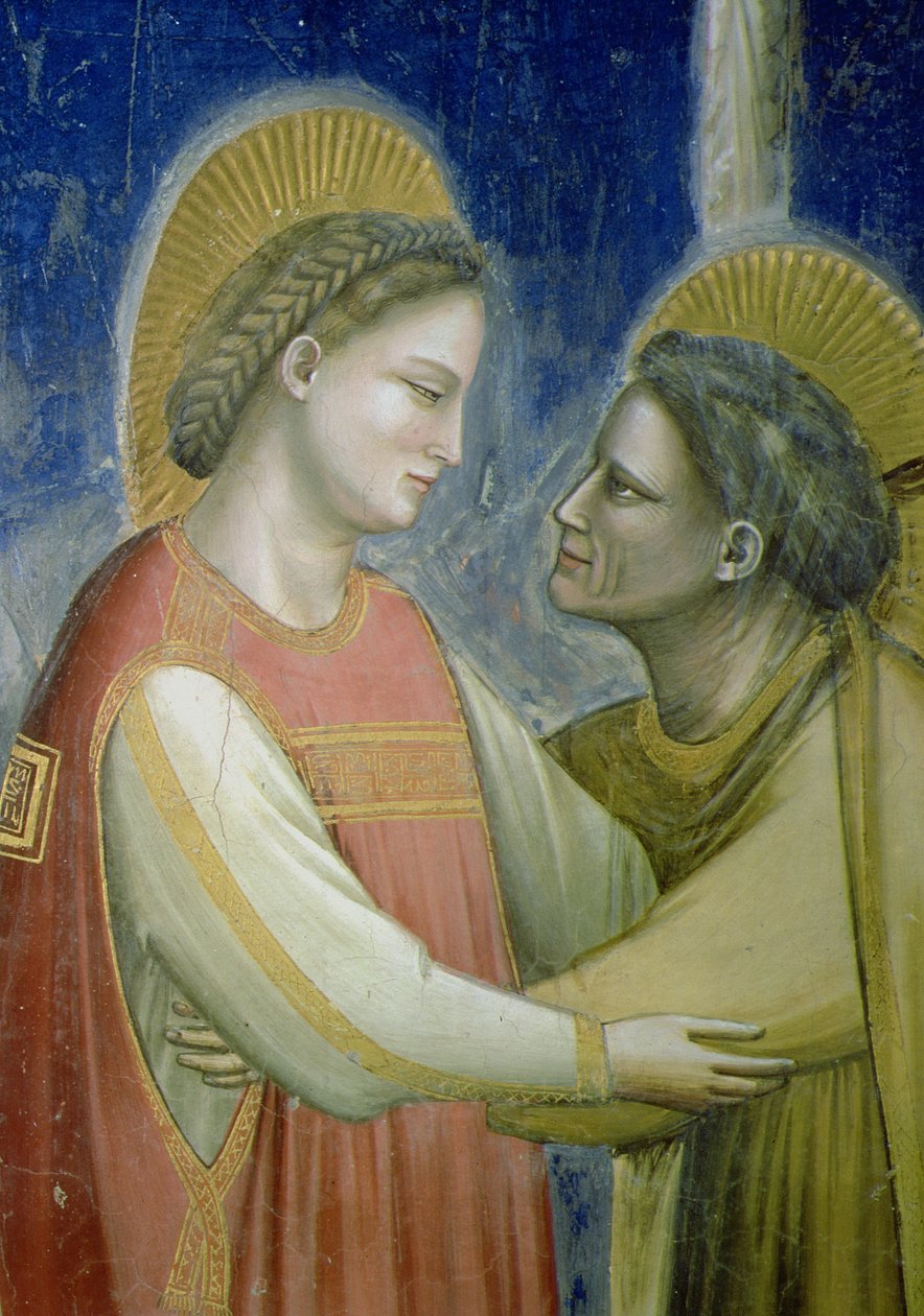 The Visitation, detalje af Jomfruen, der omfavner St. Elizabeth, ca. 1305 freskodetalje af 102753 af Giotto di Bondone