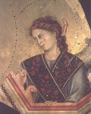 Angel fra Madonna and Child Enthroned (detalje af 66535) (se også 66536, 66537 & 66539) (altertavle) af Giotto di Bondone