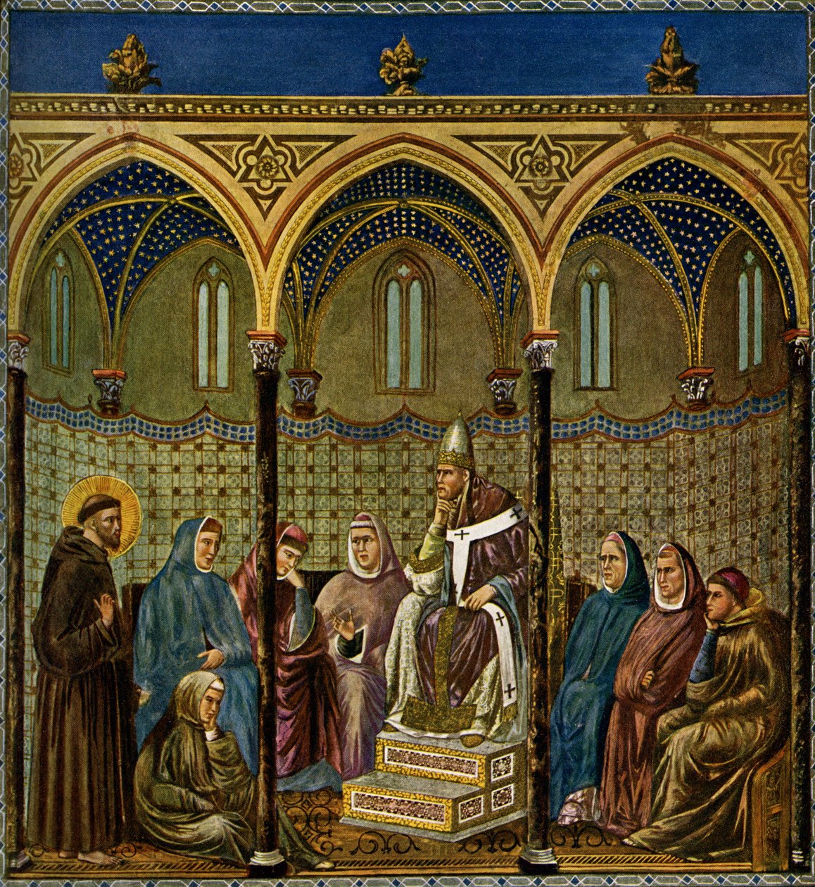 Den hellige Frans af Assisi prædiker for pave Honorius III af Giotto di Bondone