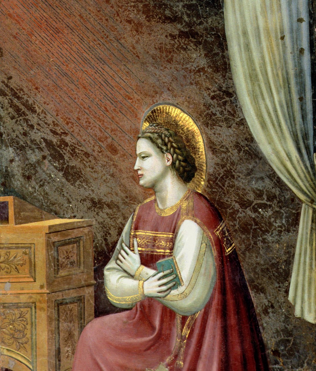 Bebudelsen, detalje af Jomfruen knælende, fra lunetten over alteret, ca. 1305 (detalje af 97840) af Giotto di Bondone