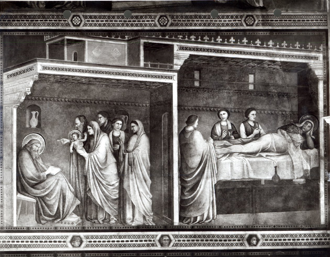 Johannes Døberens fødsel og hans far Zacharias skriver hans navn af Giotto di Bondone