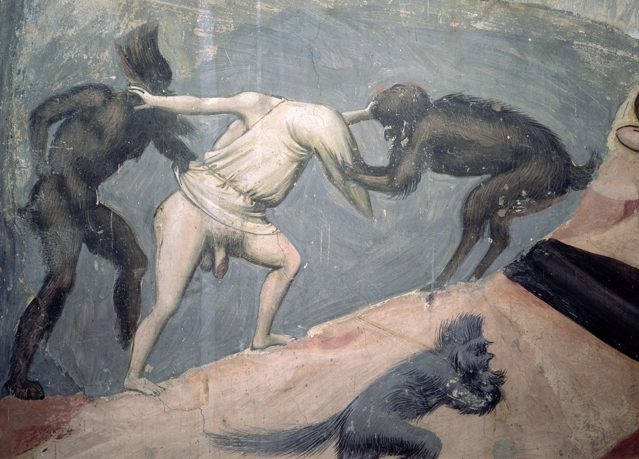 The Last Judgement: Helvede, detalje af en af de fordømte taget af to dæmoner, c.1303-05 af Giotto di Bondone