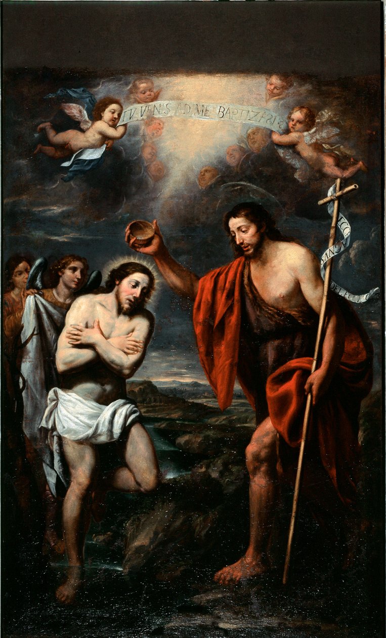 Kristi dåb (Jesu Kristi dåb) Maleri af Giovanni Battista Calzone (1609-1681) Santa Margherita Ligure fra det 17. århundrede, Santa Margherita-kirken af Giovan Battista Casone