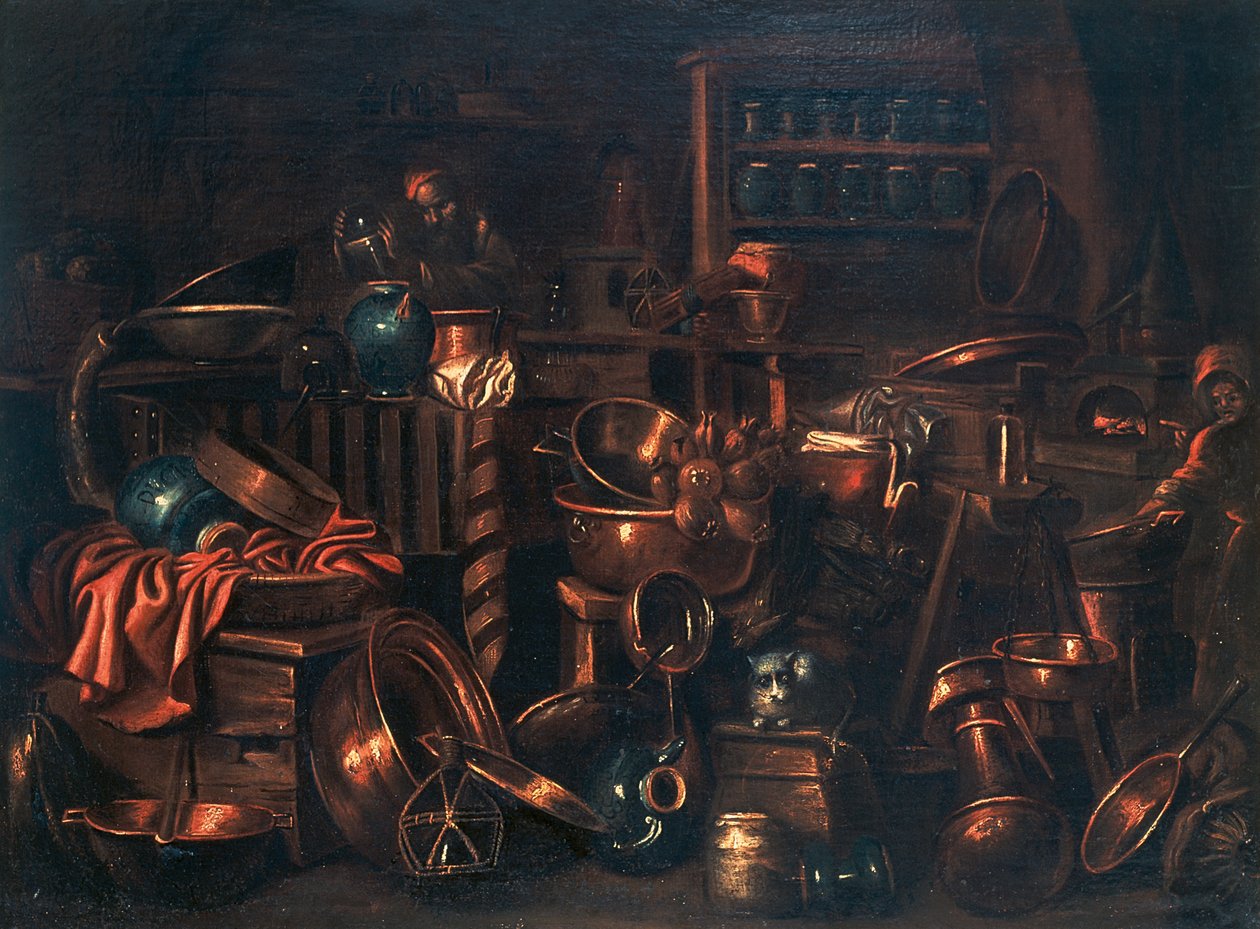Alkymistens laboratorium, maleri af Gian Domenico Valentino (1630-1708), Italien af Giovan Domenico Valentino