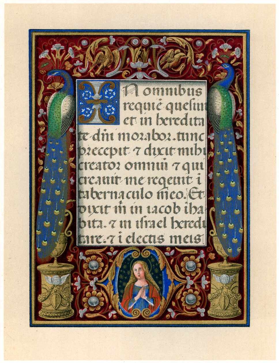 Tekstside med Jomfruen og to påfugle, c1490 af Giovan Pietro Birago