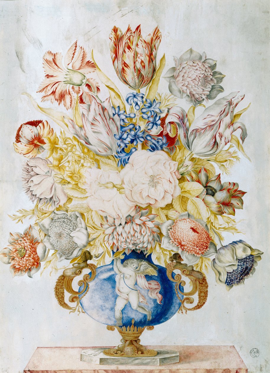Dybblå krystalvase med et bundt blomster (wc) af Giovanna Garzoni