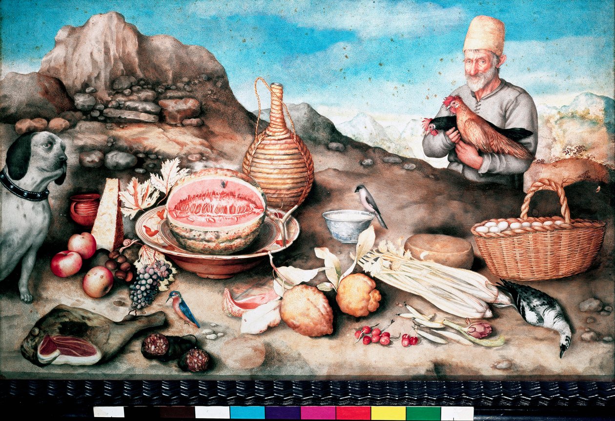 Stilleben Fisk, melon, skinke, artiskok, knoldselleri, vildt. Maleri af Giovanna Garzoni af Giovanna Garzoni