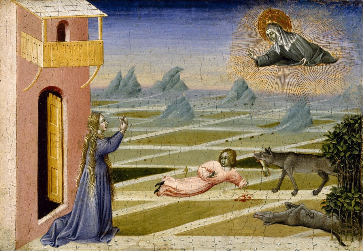 Saint Clare redder et barn, der er overlagt af en ulv af Giovanni di Paolo