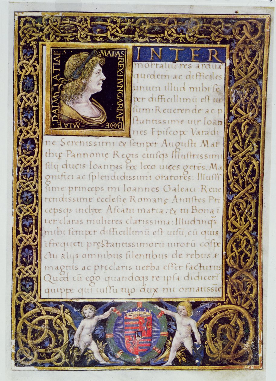 Side fra en kodeks med et portræt af Matthias I (1440-90) Corvinus af Giovanni Ambrogio de Predis
