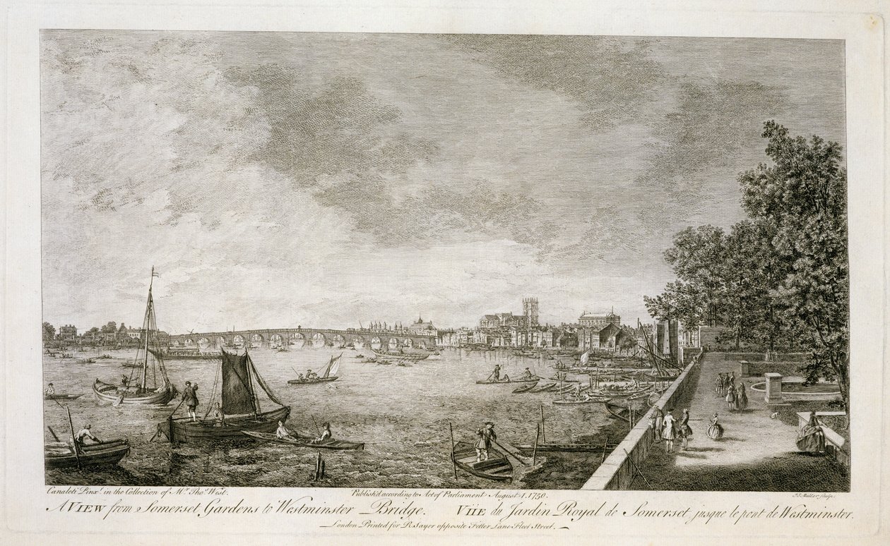 Udsigt fra Somerset Gardens til Westminster Bridge, graveret af Johann Sebastian Mueller (ca.1715-92) 1750 (se 111929) af Giovanni Antonio Canal