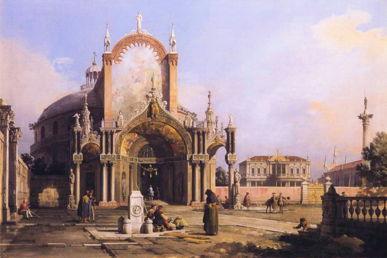 Capriccio af en rund kirke med en udførlig gotisk portik på en Piazza, en Palladian Piazza og en gotisk kirke udenfor.JPG af Giovanni Antonio Canal