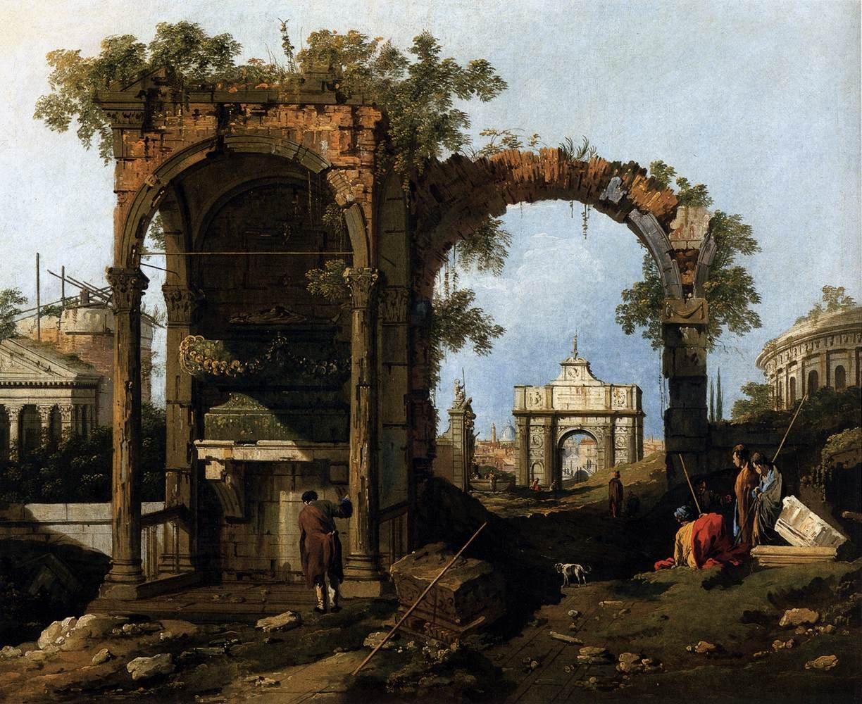 Capriccio med klassiske ruiner og bygninger af Giovanni Antonio Canal