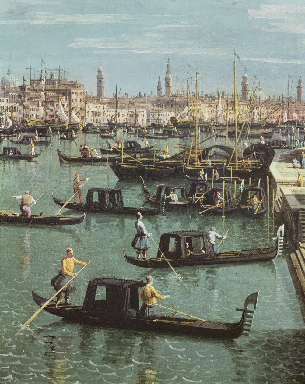 Gondolier nær indgangen til Canal Grande og kirken Santa Maria della Salute, Venedig (detalje fra 156534) af Giovanni Antonio Canal