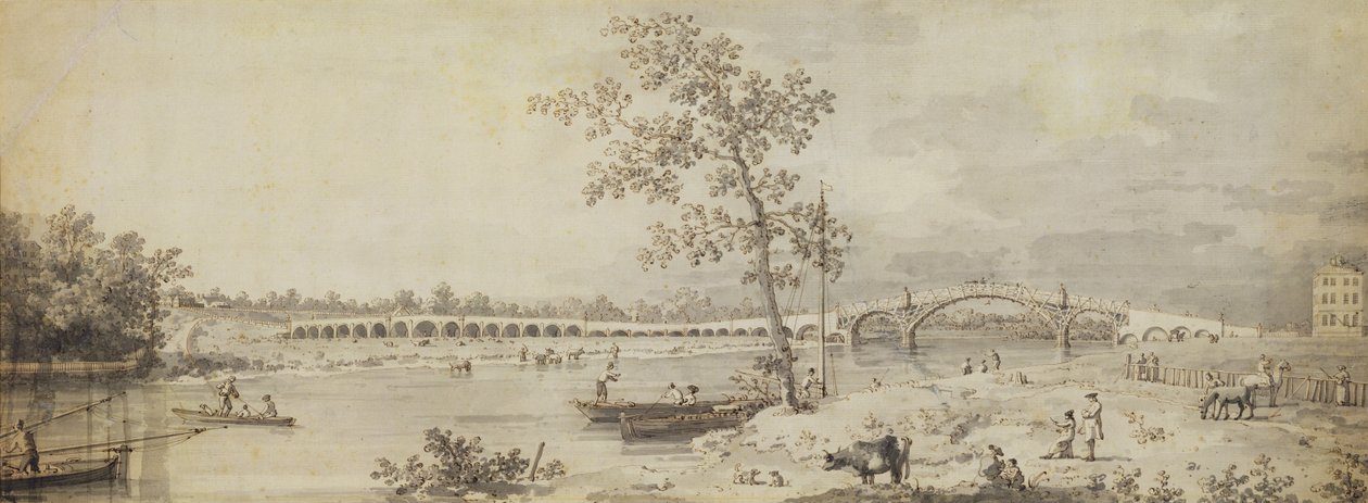 Old Walton Bridge set fra Middlesex Shore, 1755 (pen og blæk med vask på papir) af Giovanni Antonio Canal