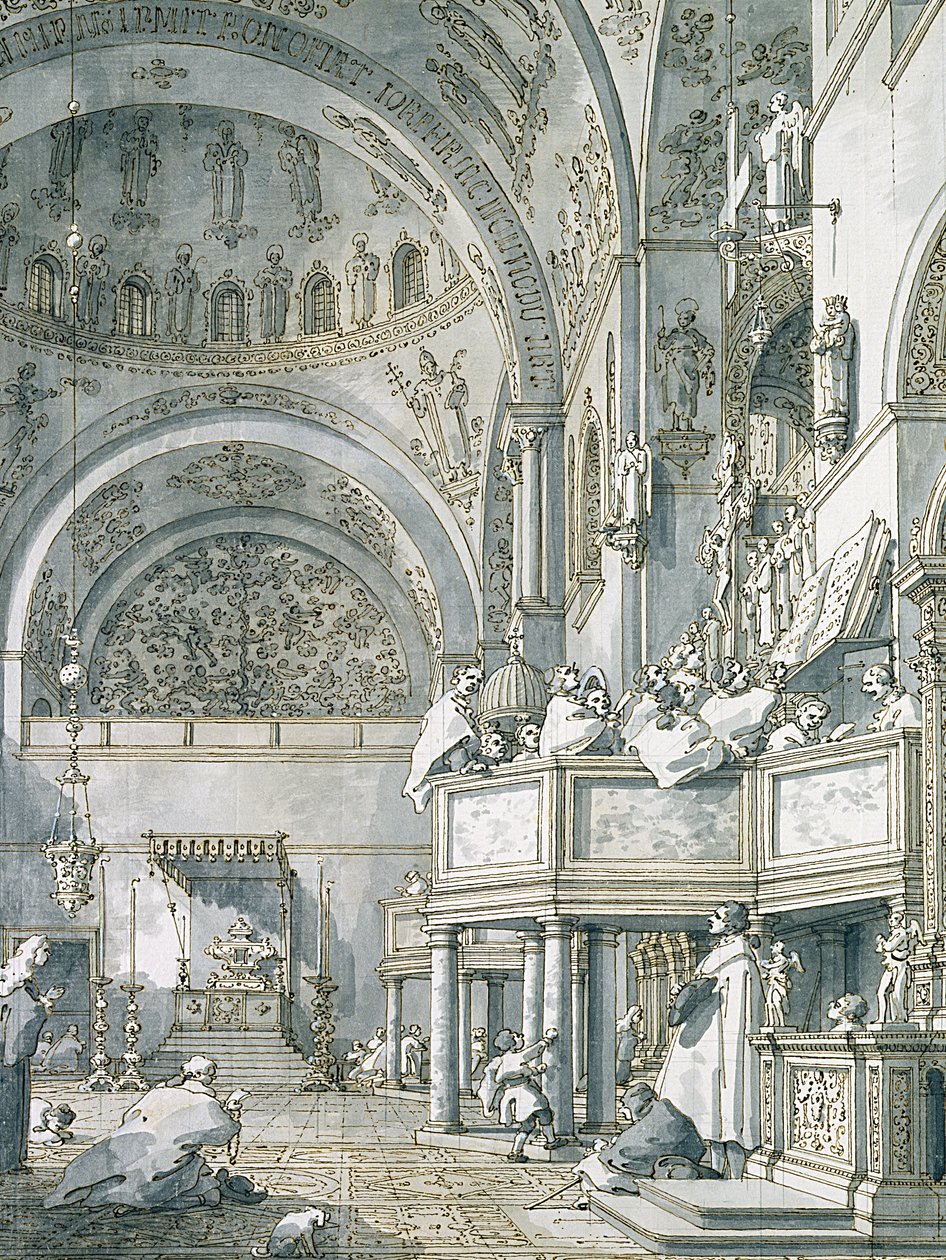 Koret synger i Markusbasilikaen, Venedig, 1766 (pen, blæk og vask på papir) af Giovanni Antonio Canal