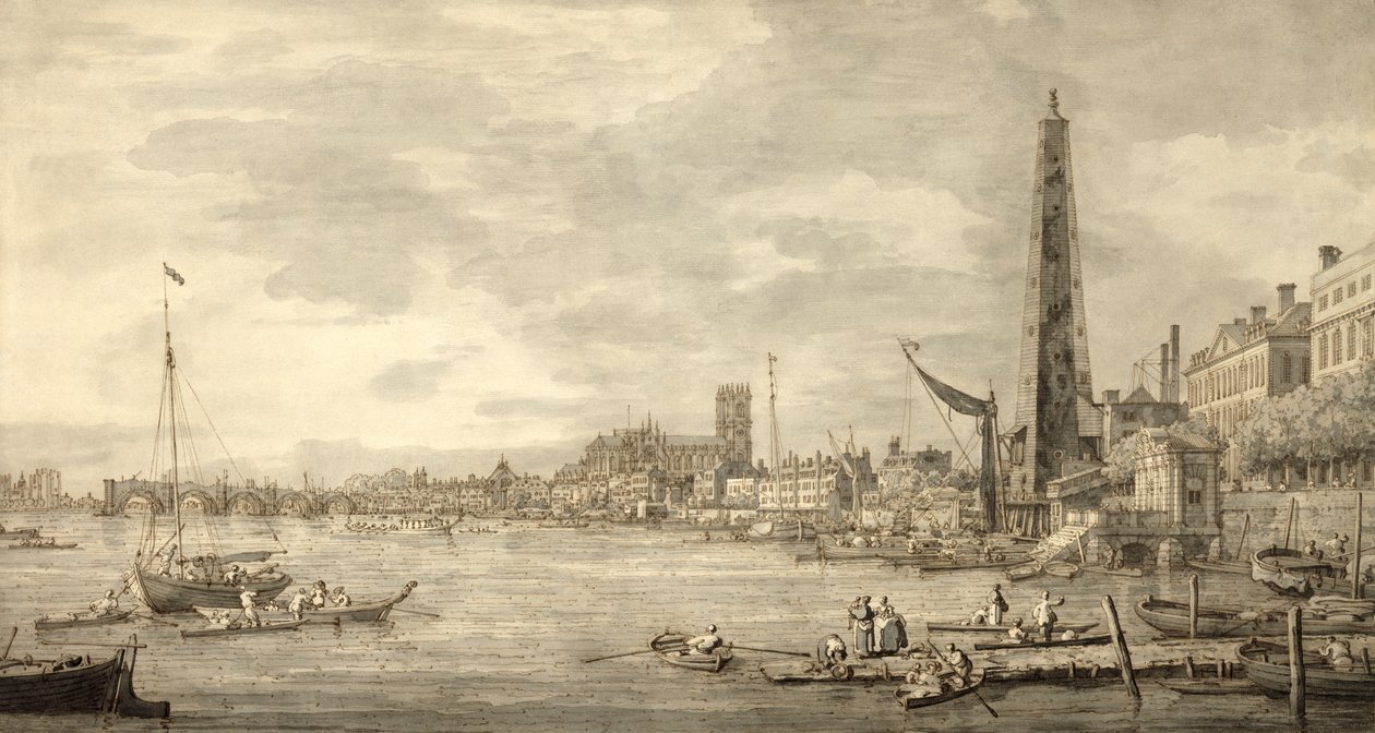 Themsen ser mod Westminster fra nær York Water Gate (pen og brunt blæk med grå vask på papir) af Giovanni Antonio Canal