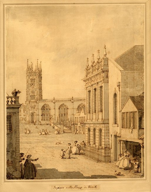 Udsigt i Warwick med St. Marys Church af Giovanni Antonio Canal