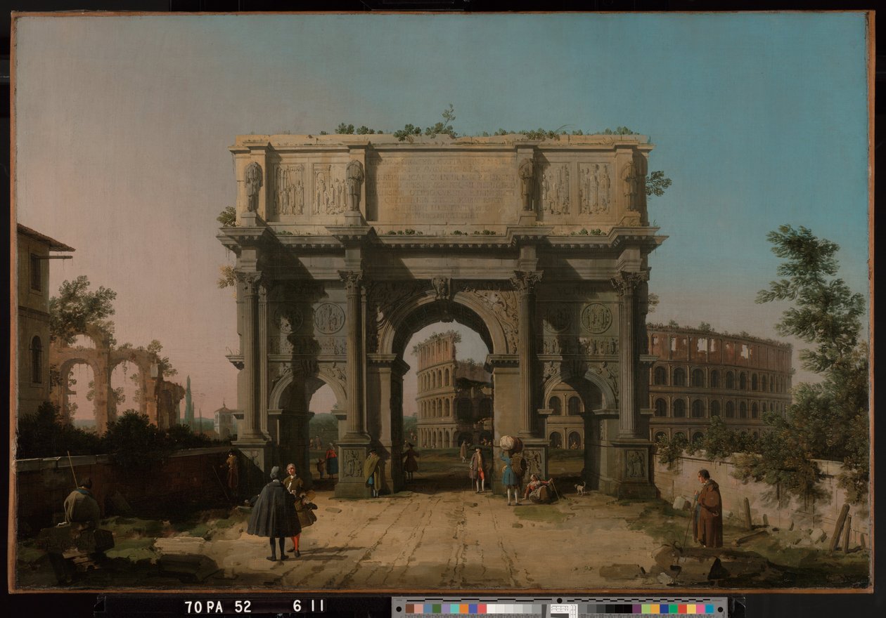 Udsigt over Konstantins bue med Colosseum af Giovanni Antonio Canal