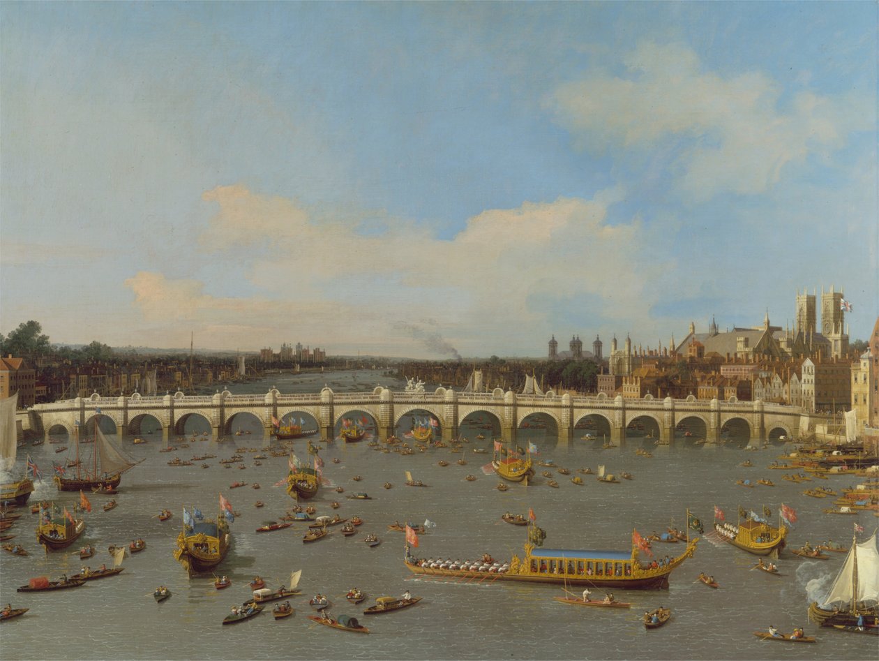 Westminster Bridge, med Lord Mayors Procession på Themsen af Giovanni Antonio Canal