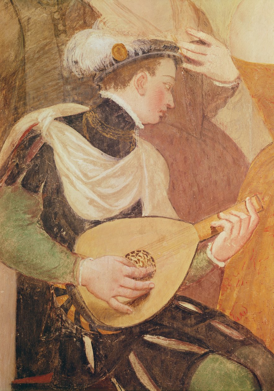 Invitation to the Dance, detalje af en musiker, fresco fra 1570 af Giovanni Antonio Fasolo