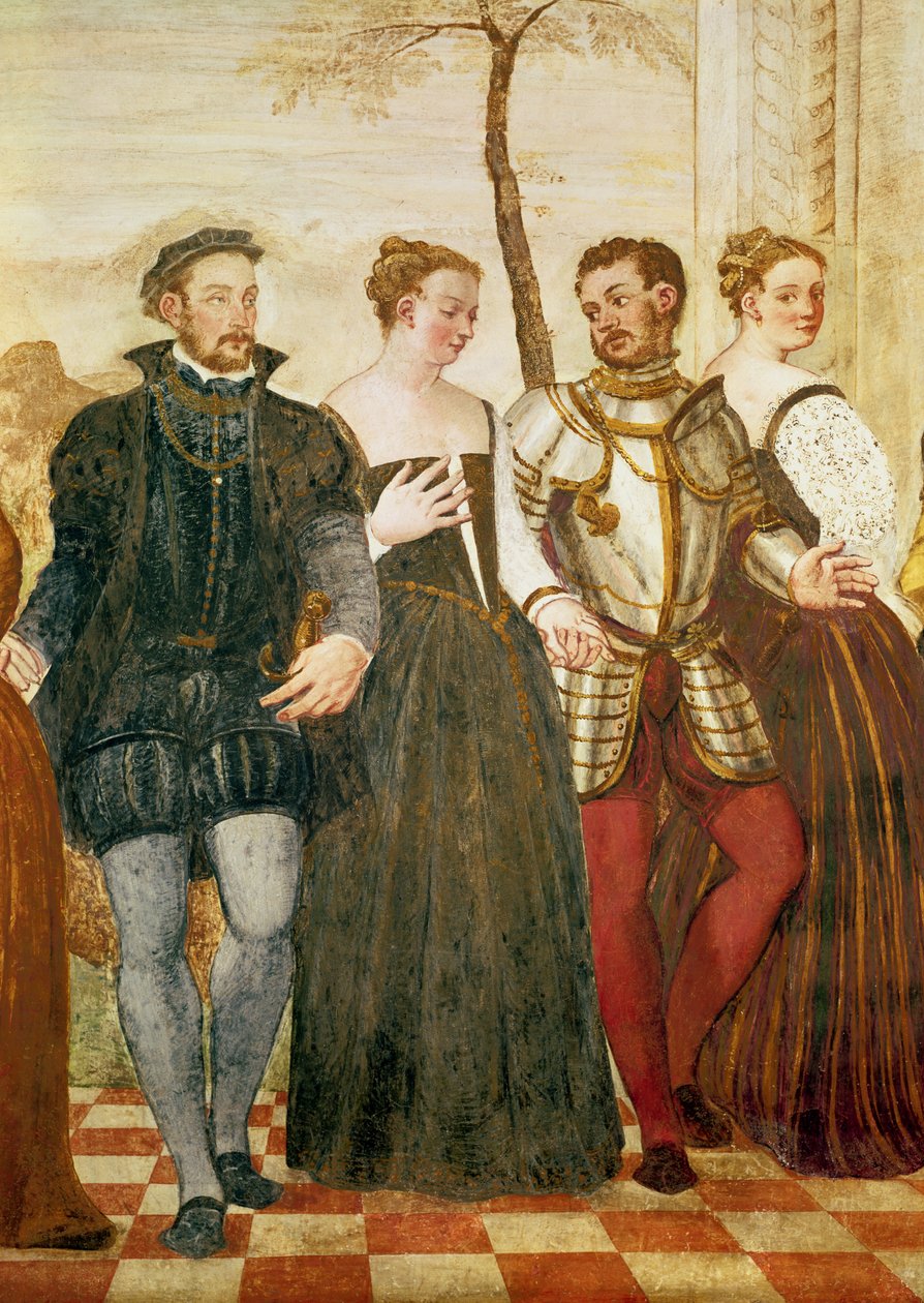 Invitation to the Dance, detalje fra den centrale gruppe, 1570 (detaljer fra 20000) af Giovanni Antonio Fasolo