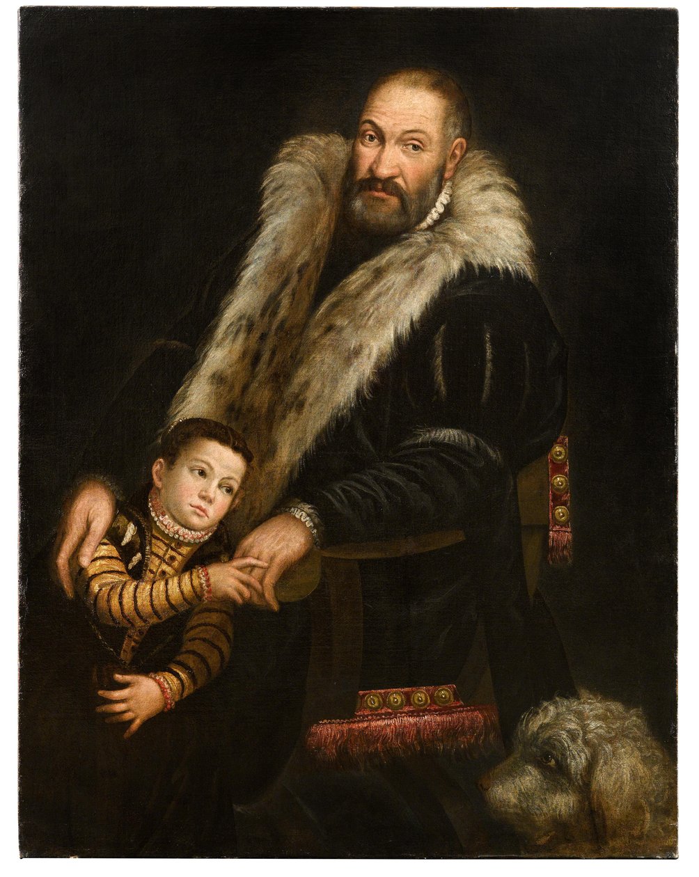 Portræt af en herre og et barn med en hund af Giovanni Antonio Fasolo