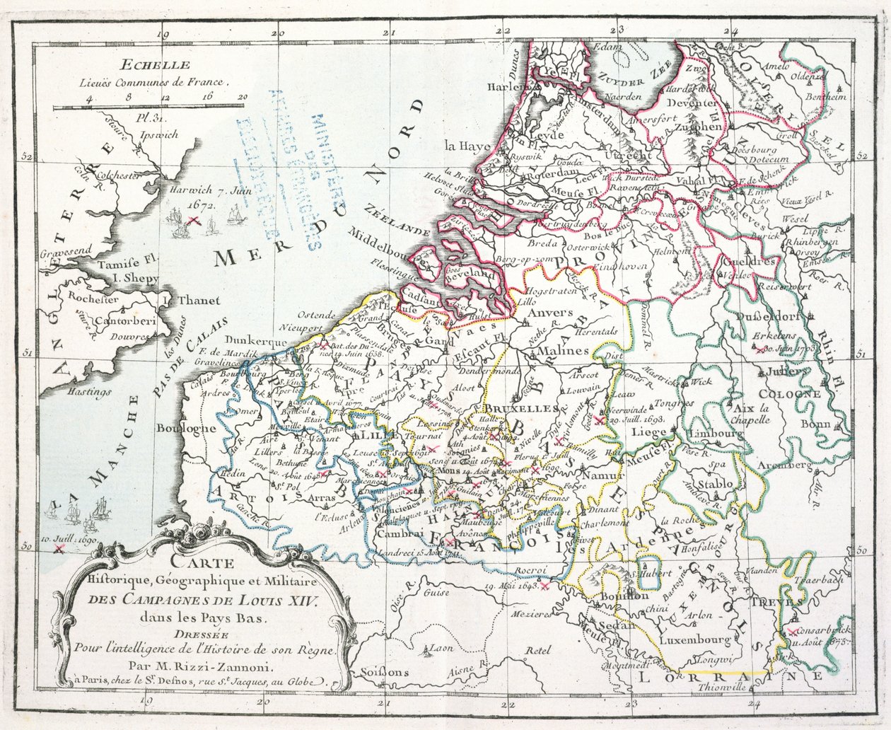 Kort, der viser Ludvig XIVs militære felttog i de lave lande, fra Atlas géographique et militaire, udgivet i Paris, 1763 (farvestik) af Giovanni Antonio Rizzi Zannoni
