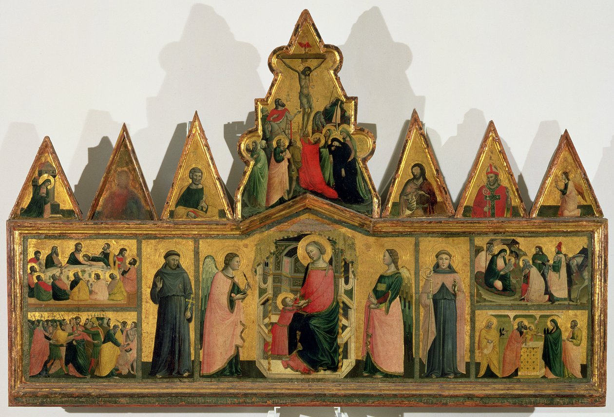 Polyptykon: midterpanel, der forestiller Madonnaen og barnet, der troner med engle og hellige, omgivet af paneler, der viser scener fra Kristi liv, trekantede frontoner, der forestiller helgener, engle en af Giovanni Baronzio da Rimini