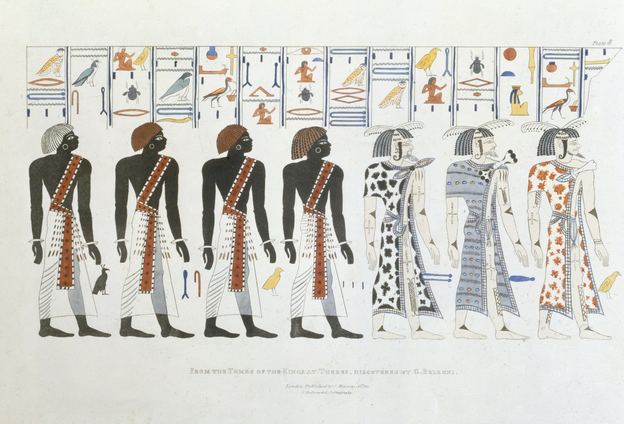 Illustrationer af hieroglyfer fra Kongernes Grave i Theben, opdaget af G. Belzoni, plade 8 fra `Plader Illustrative of the Researches in Egypt and Nubia`, graveret af Charles Hullmandel af Giovanni Battista Belzoni