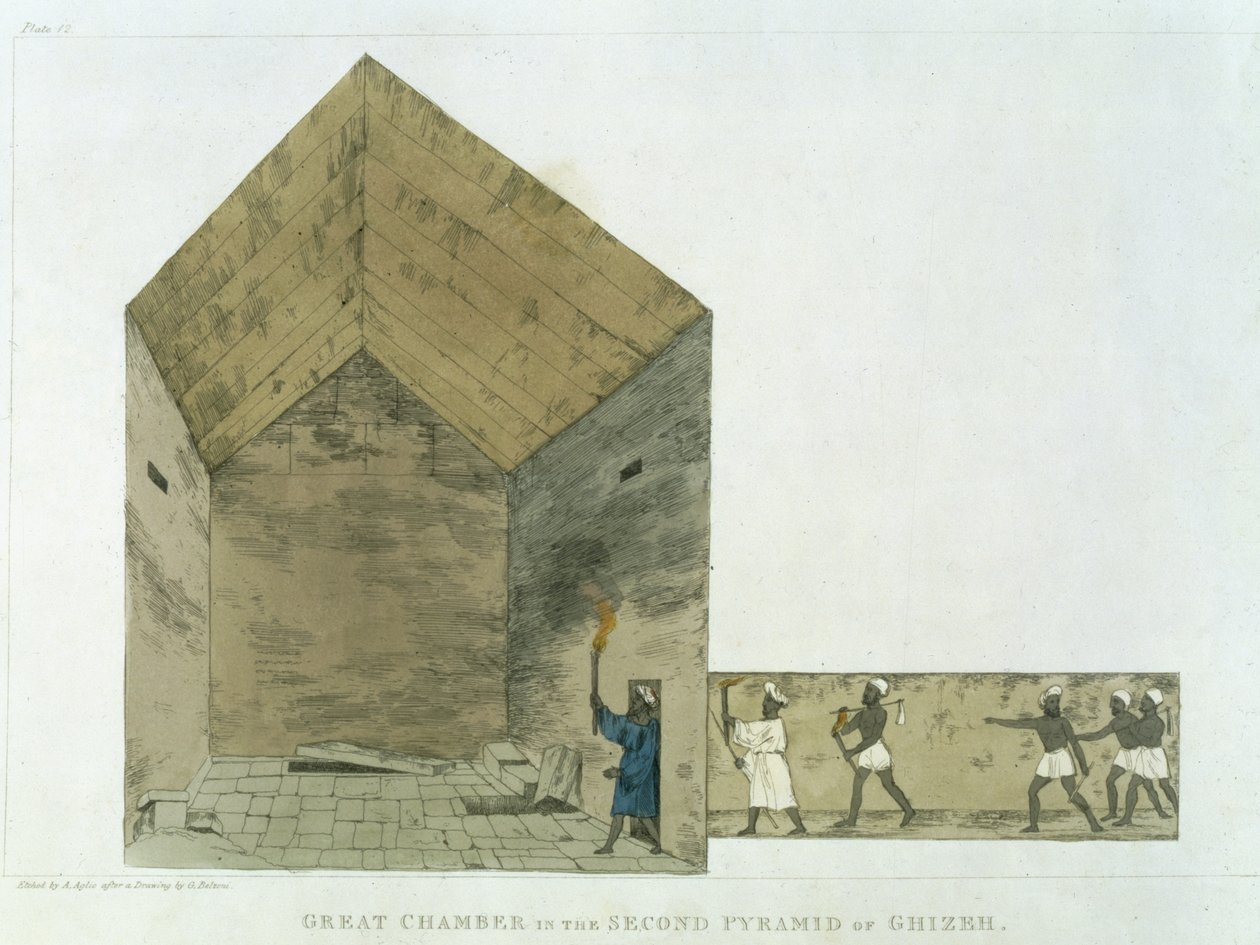 Det store kammer i den anden pyramide i Ghizeh, opdaget af Giovanni Belzoni, planche 12 fra `Plates Illustrative of the Researches in Egypt and Nubia`, graveret af Augustine Aglio (1777-1857) 182 af Giovanni Battista Belzoni