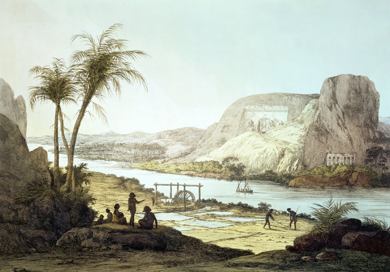 Udsigt over templerne i Abu Simbel, Nubien, indgraveret af Augustine Aglio (1777-1857) af Giovanni Battista Belzoni