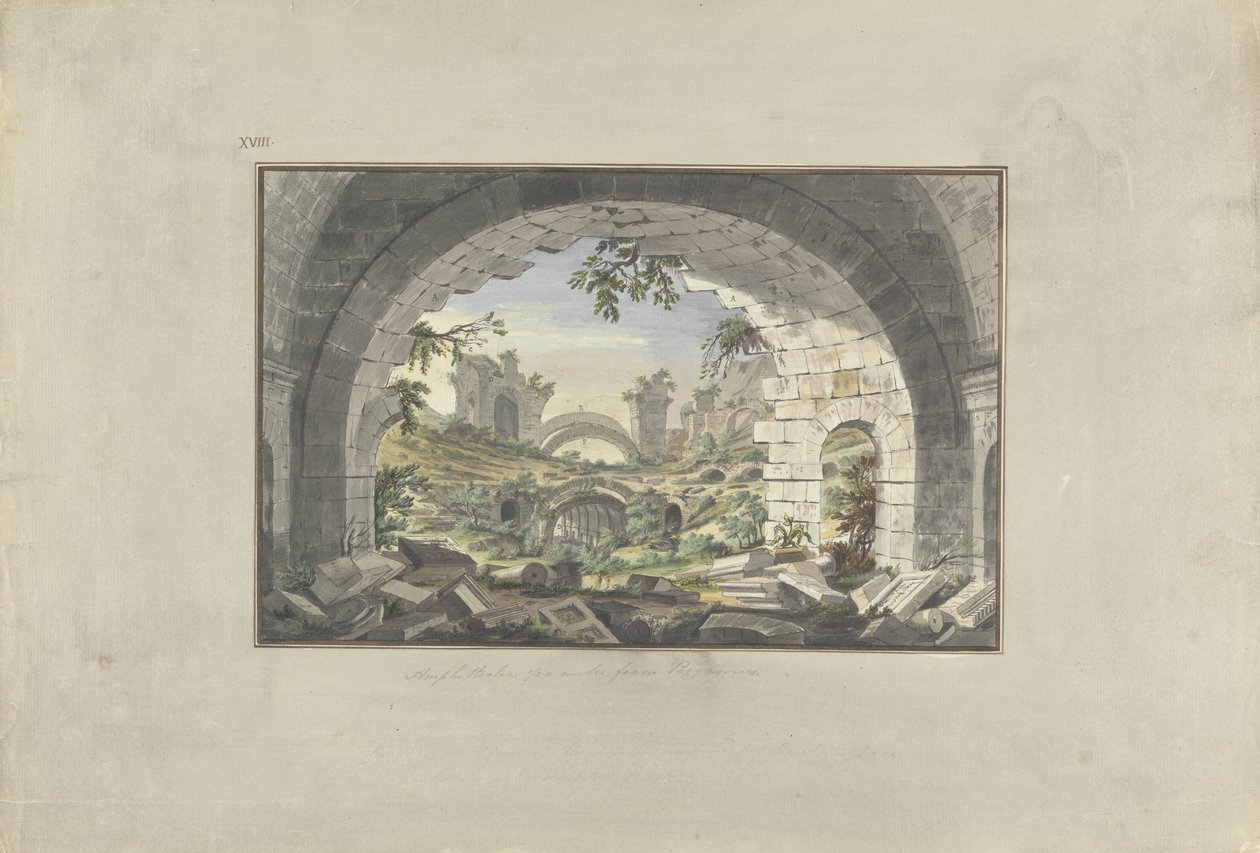 Ruiner ved Pergamon, sandsynlighed for amfiteatret, ca. 1750 (wc med pen og blæk over grafit på papir) af Giovanni Battista Borra