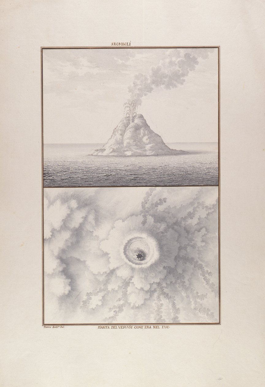 Stromboli, 1750 (pen og blæk med wc på papir) af Giovanni Battista Borra