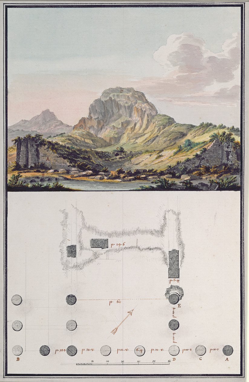 Udsigt over teatret i Sardis og en plan over det ioniske tempel i Sardis, ca. 1750 (pen og blæk, akvarel, vask, gouache og blyant på papir) af Giovanni Battista Borra