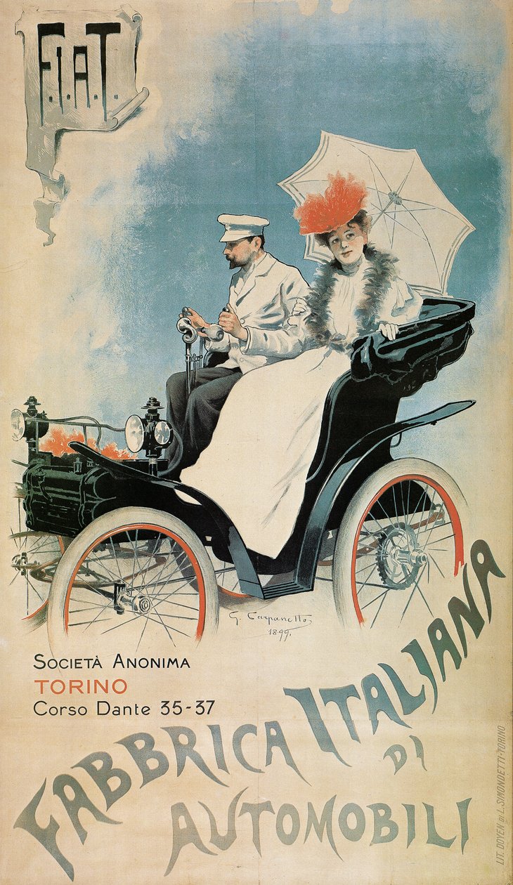 Plakat med reklame for en tidlig FIAT-bil, 1899 af Giovanni Battista Carpanetto
