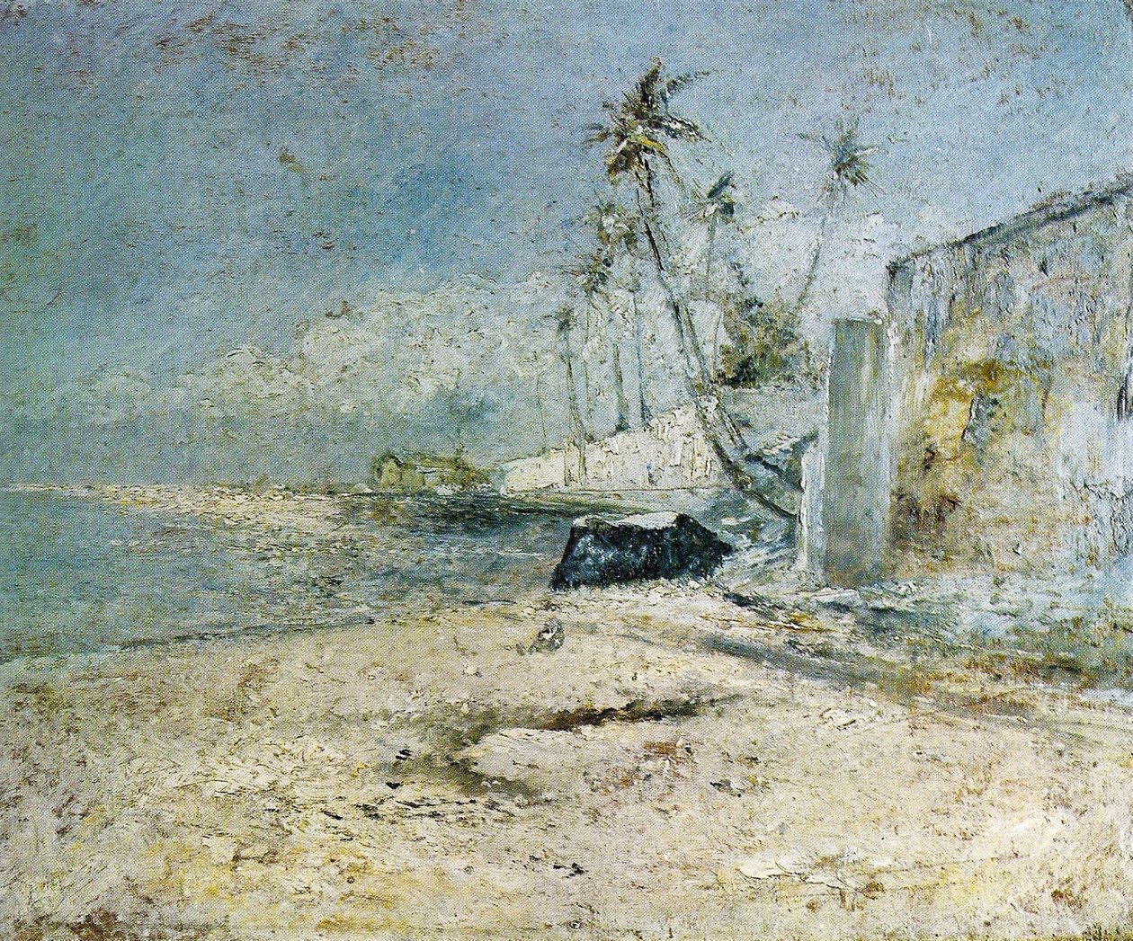 Kokostræer ved havet Stræk dig fra stranden i Sao Roque i Paquetan af Giovanni Battista Castagneto